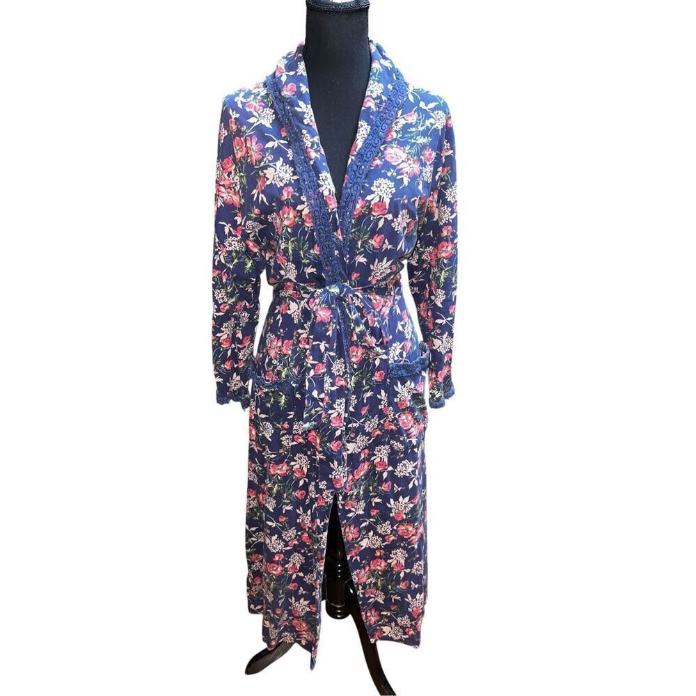 Victoria Secret’s S gold label vintage blue pink floral crochet trim cotton robe
